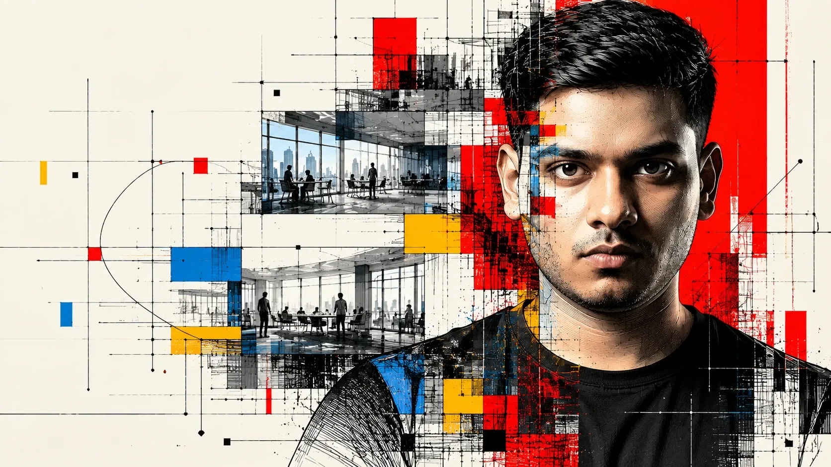 Dhiraj S., the creative mind behind SlaqAI, drawn into a grid of ink lines and primary colours